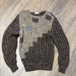 Vintage Handknit  Men's Grandpa Patchwork Crewneck Sweater in Brown Tan and Gray